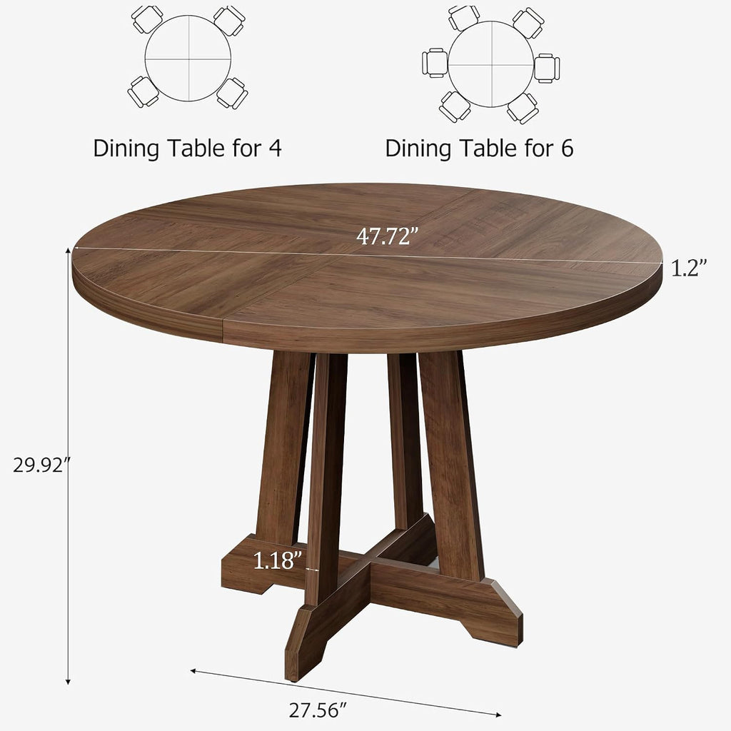 IDEALHOUSE Round Dining Table for 4, 47 Inches Dining Room Table with Wooden Base, Kitchen Table with Circle Tabletop, Dinner Table for Dining Room, Kitchen, Living Room, Brown