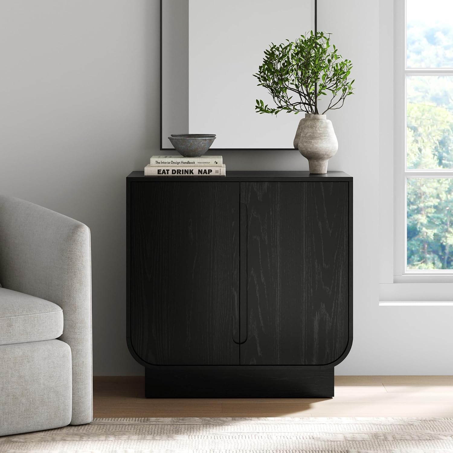 Nathan James Joey Mid Century Modern Storage Cabinet, Arched Accent Cabinet with Rounded Bottom Edges and Integrated Door Pull Cutouts, Black Oak