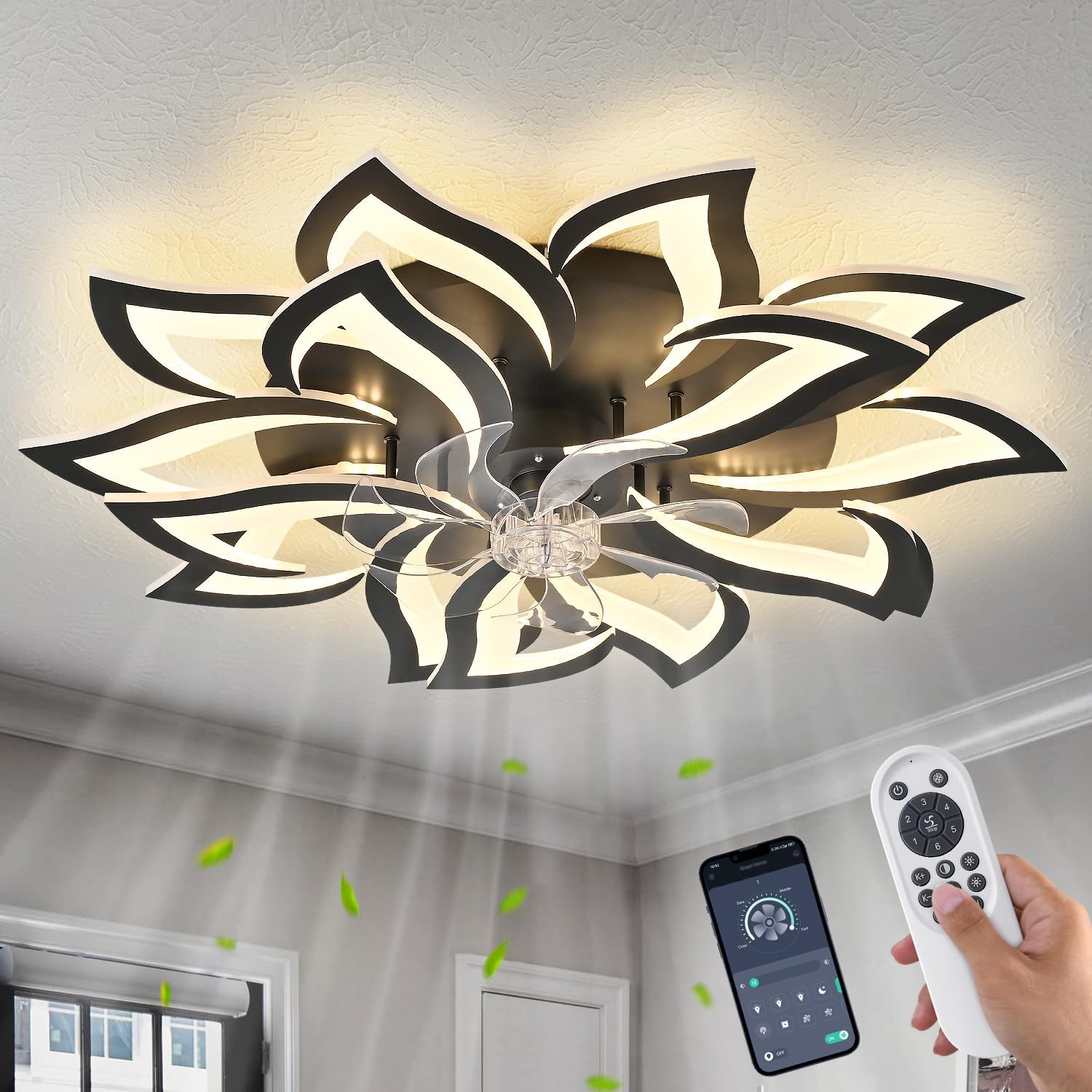 Dalouguan 35' Black Modern Ceiling Fan with Lights Remote Control, 6 Speeds 3 Light Color Low Profile Flush Mount Ceiling Fan with light for Kitchen Bedroom