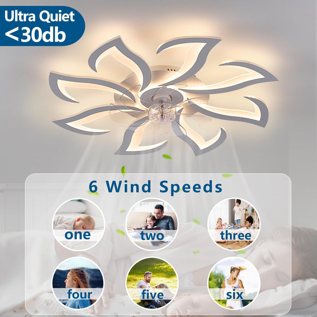 Dalouguan Modern Ceiling Fan with Lights Remote Control, 32' White Flush Mount Ceiling Fan with Light, 6 Speeds 3 Light Color Low Profile Ceiling Fan for Kitchen Bedroom
