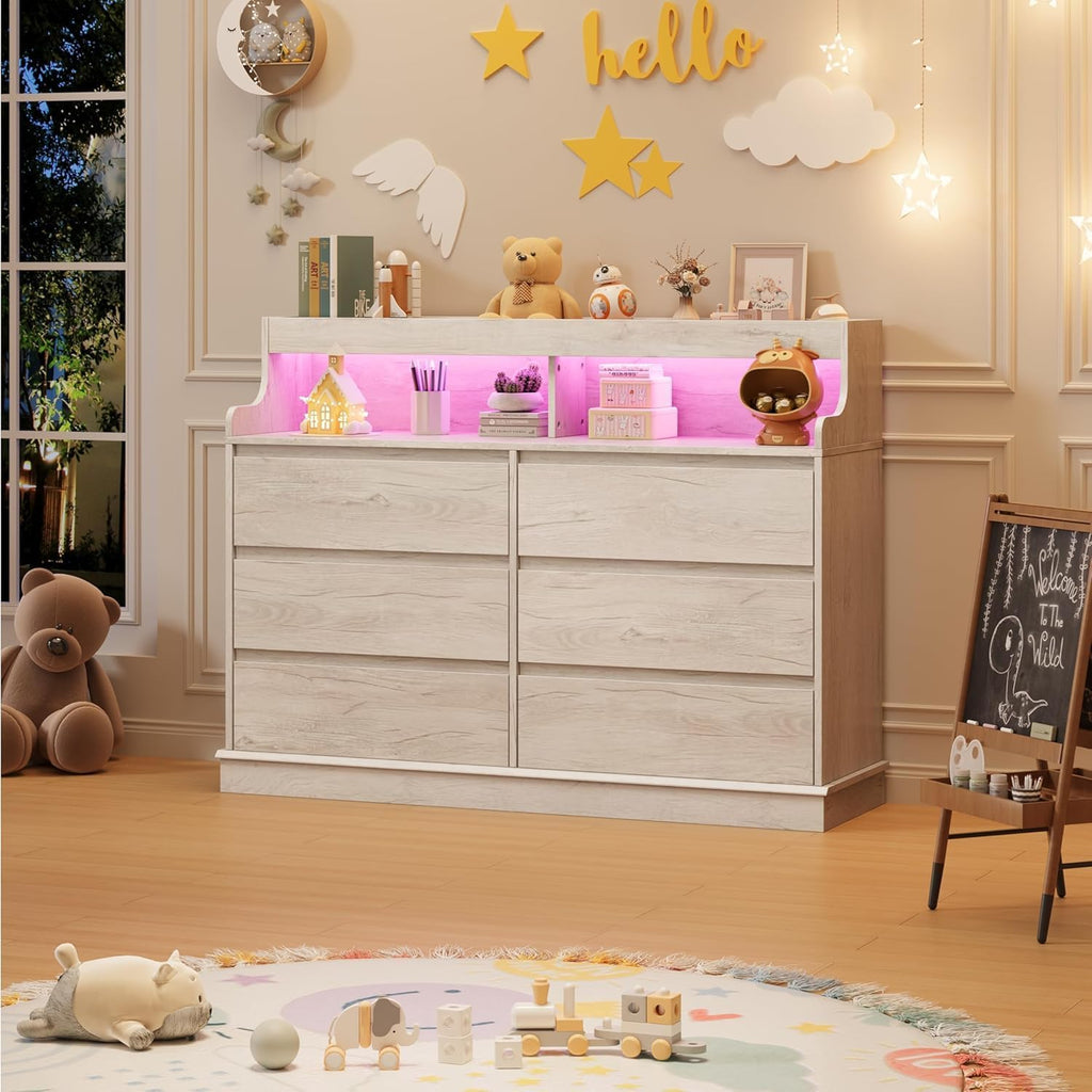 Garvee LED Dresser with Charging Station - Modern 5-Drawer 47' Wide Wooden Chest, Storage Organizer for Bedroom, Nursery, Hallway & Apartments