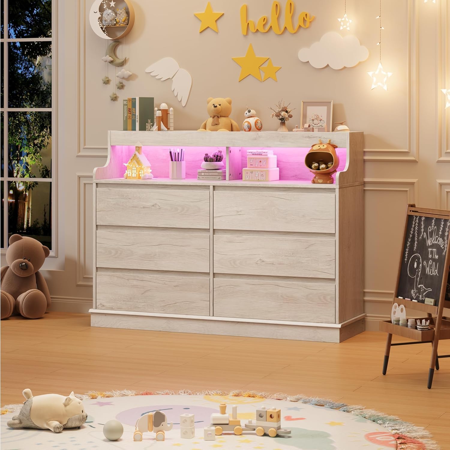 Garvee LED Dresser with Charging Station - Modern 5-Drawer 47' Wide Wooden Chest, Storage Organizer for Bedroom, Nursery, Hallway & Apartments