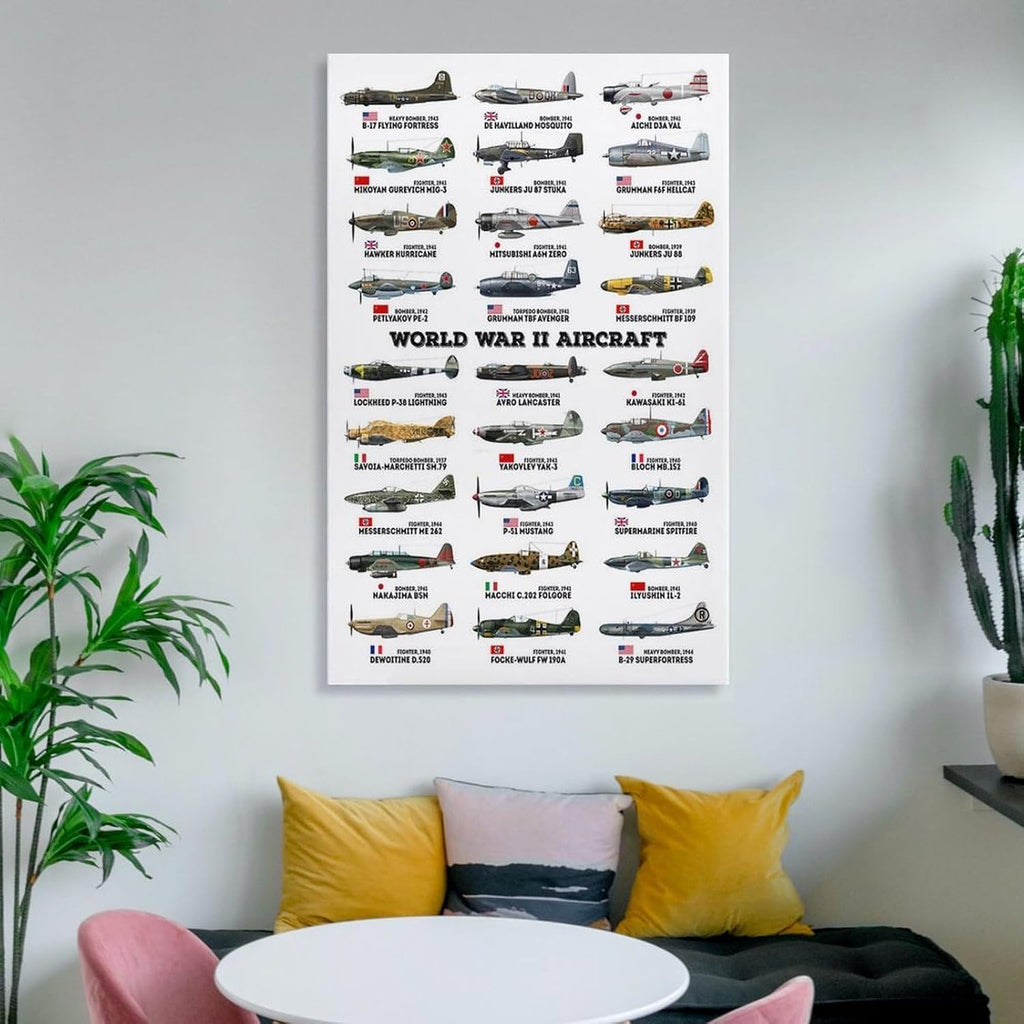 World War II Military Aircraft Art Print WW2 Warplanes Wall Art WWII Airplane Poster Home Wall Decor Army Air Force Historical Gifts Canvas Wall Art Print 24x36inch(60x90cm)