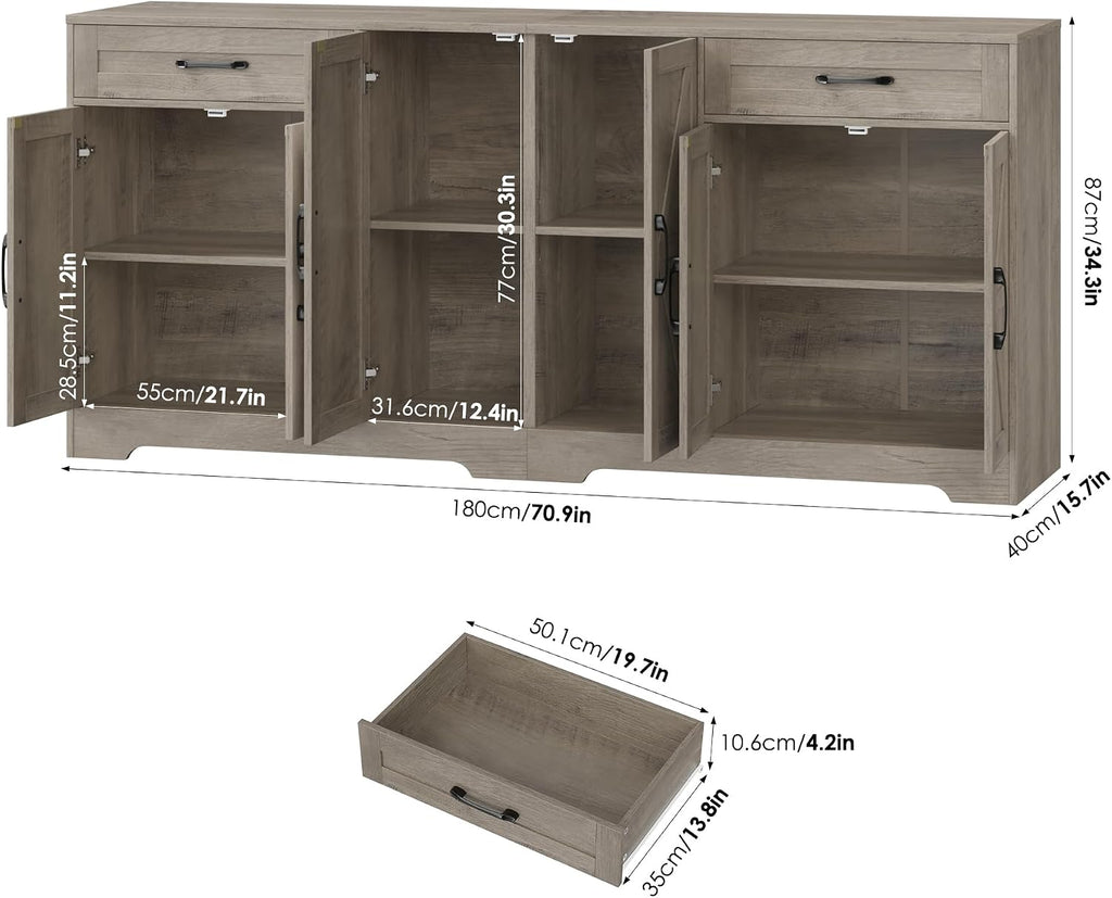 BOTLOG 71' Large Sideboard Buffet Cabinet with Storage, Farmhouse Kitchen Buffet Cabinet with Adjustable Shelves and 6 Barn Doors, Wood Coffee Wine Bar Console Table, White, Ash Grey (Ash Grey)