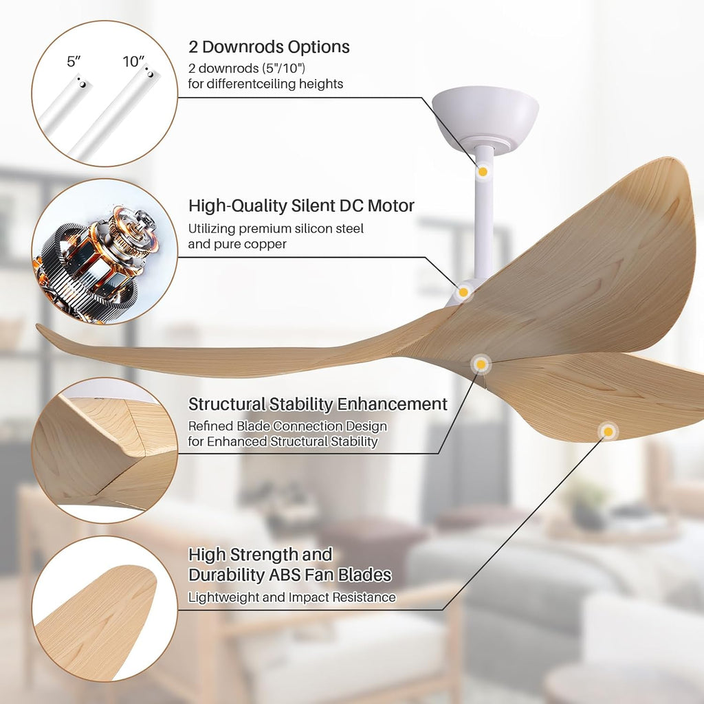 CACI Mall 52 Inch Ceiling Fans No Light, 3 blade ceiling fan without light, Modern, Remote Control, 6 Speeds, Timer, Quiet Reversible DC Motor for Indoor, Living room, Bedroom