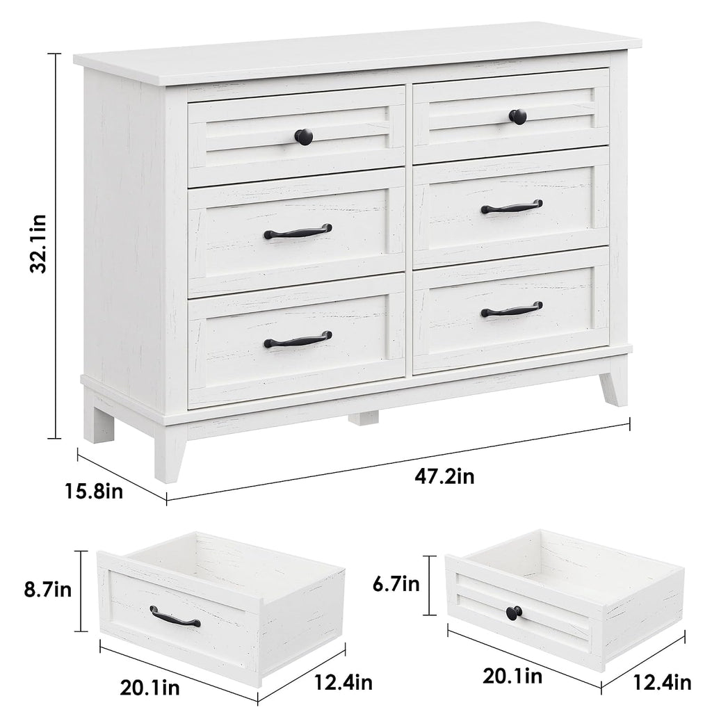 GarveeHome 6 Dresser for Bedroom, 47 in Wide Drawer Dresser with Storage Freestanding, Wooden Closet Storage Chest for Living Room, Bedroom, Entryway, Ash White
