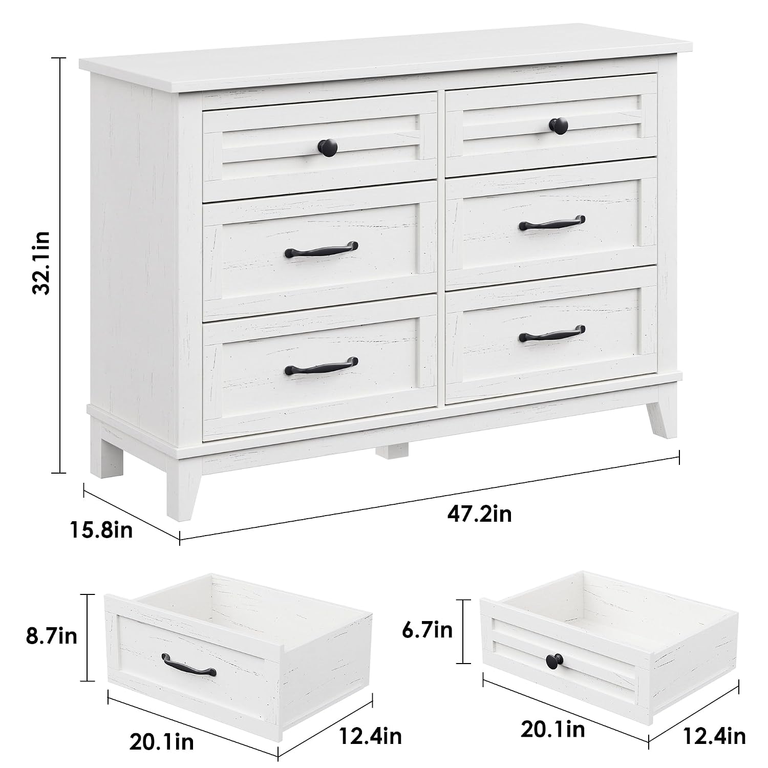 GarveeHome 6 Dresser for Bedroom, 47 in Wide Drawer Dresser with Storage Freestanding, Wooden Closet Storage Chest for Living Room, Bedroom, Entryway, Ash White