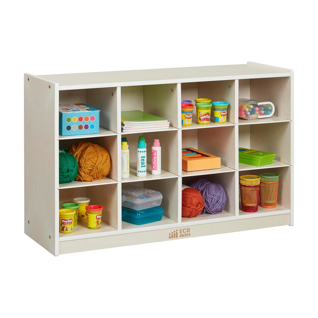 ECR4Kids 12 Cubby Mobile Tray Storage Cabinet, 3x4, Classroom Furniture, White Wash