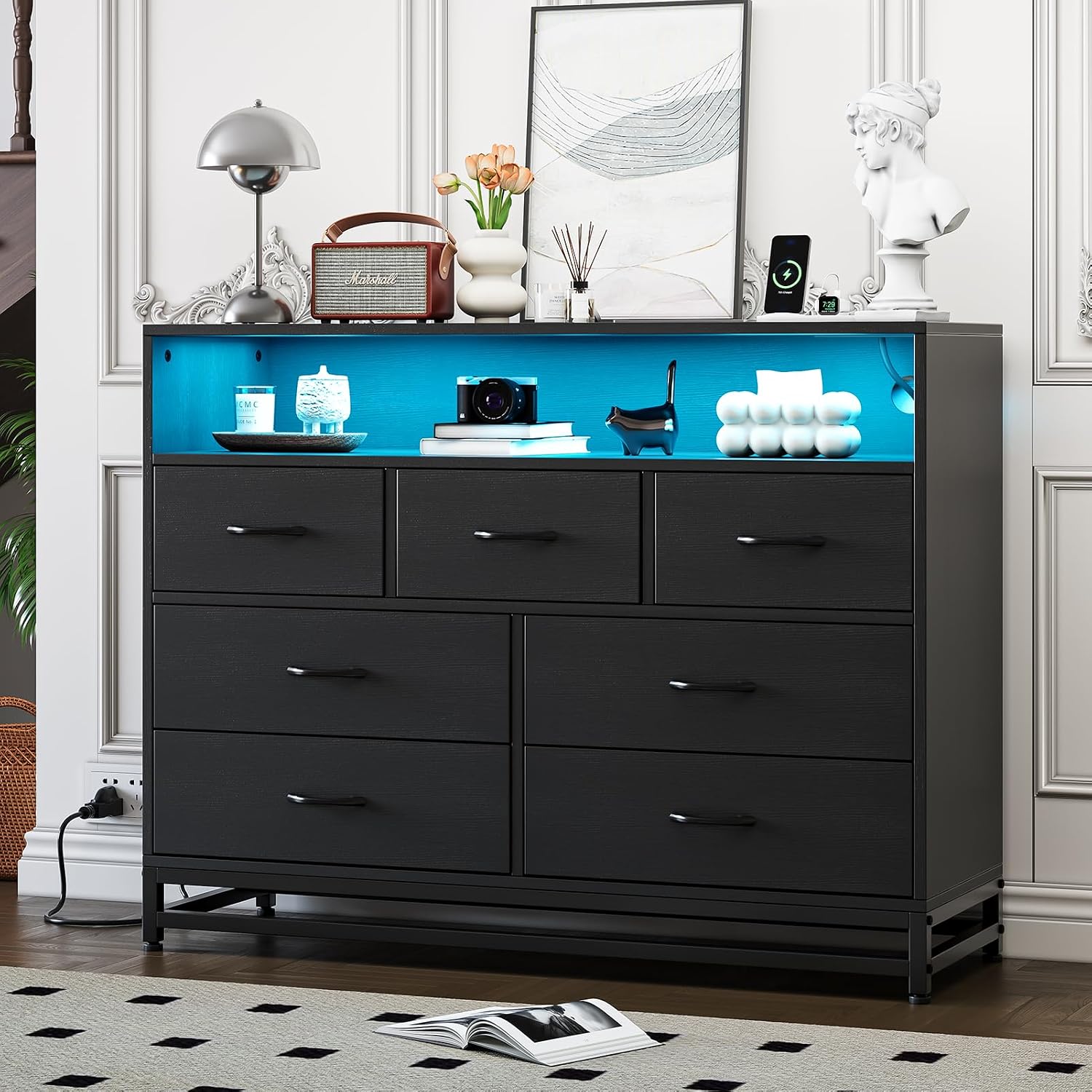 IDEALHOUSE Black 7-Drawer Dresser for Bedroom – Modern Long Dresser with Charging Station & LED Lights, Wooden Large Capacity Storage Chest, Wide Dresser for Living Room & Hallway