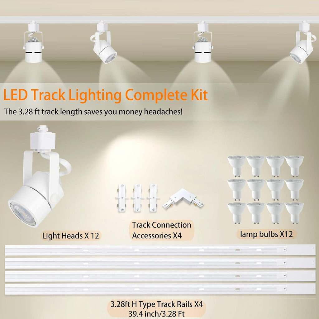 White LED Track Lighting Heads Kit, 10W 6000K Cool White 12-Lights GU10 Dimmable Track Lights, Indoor Ceiling Spotlight Fixture with 13FT H Type Track Light Rails