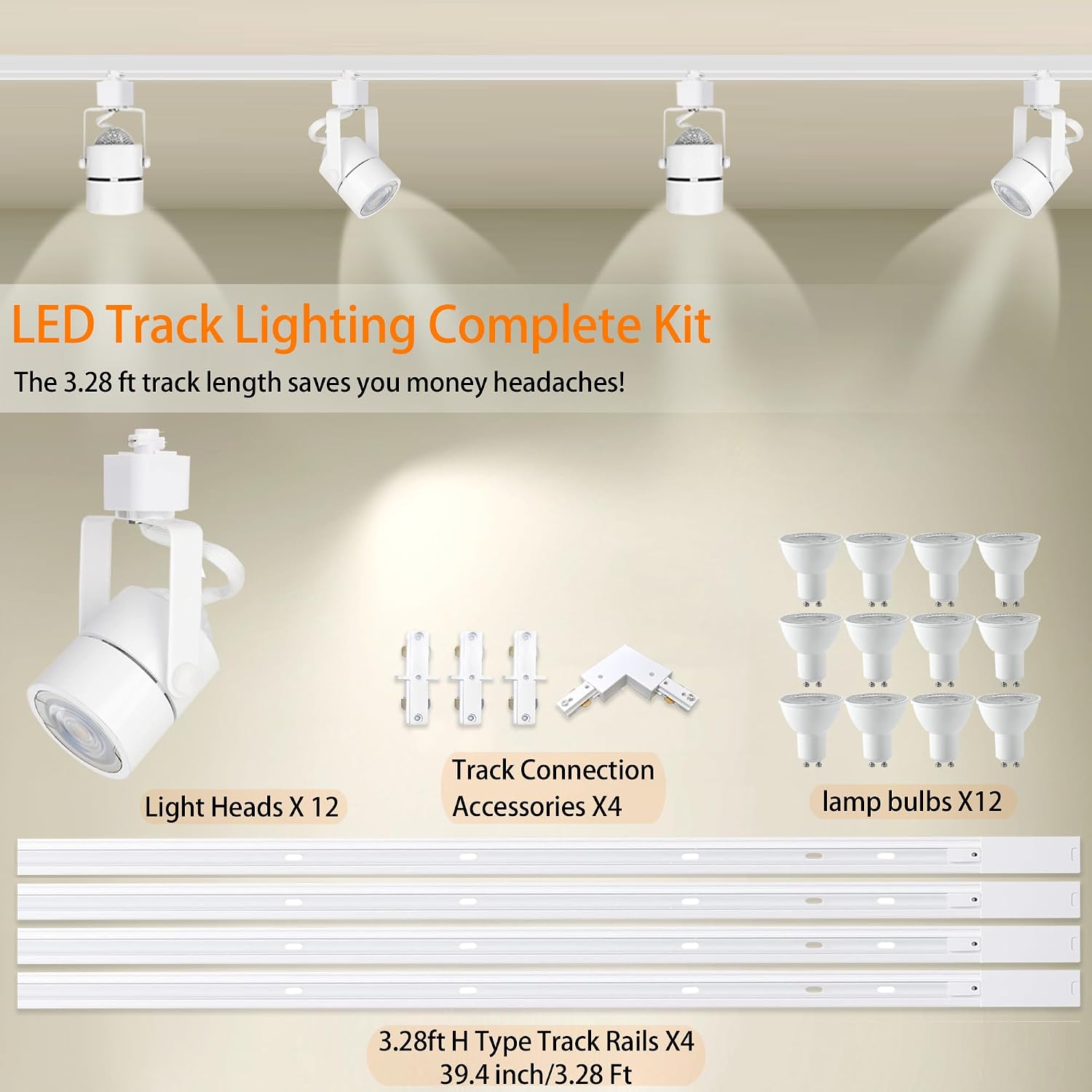 White LED Track Lighting Heads Kit, 10W 6000K Cool White 12-Lights GU10 Dimmable Track Lights, Indoor Ceiling Spotlight Fixture with 13FT H Type Track Light Rails