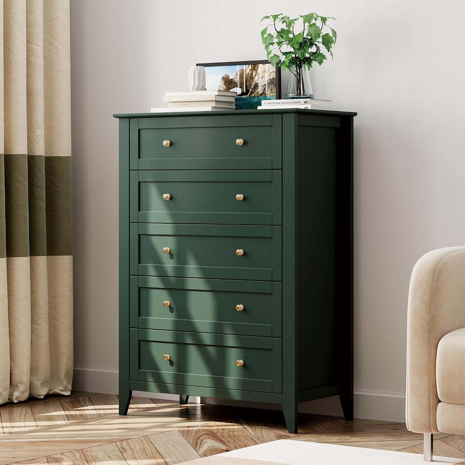 IDEALHOUSE Green 5 Drawer Dresser for Bedroom, Tall Dresser with Deep Drawers & Metal Knobs, Modern Wooden Chests of Drawers for Entryway, Hallway