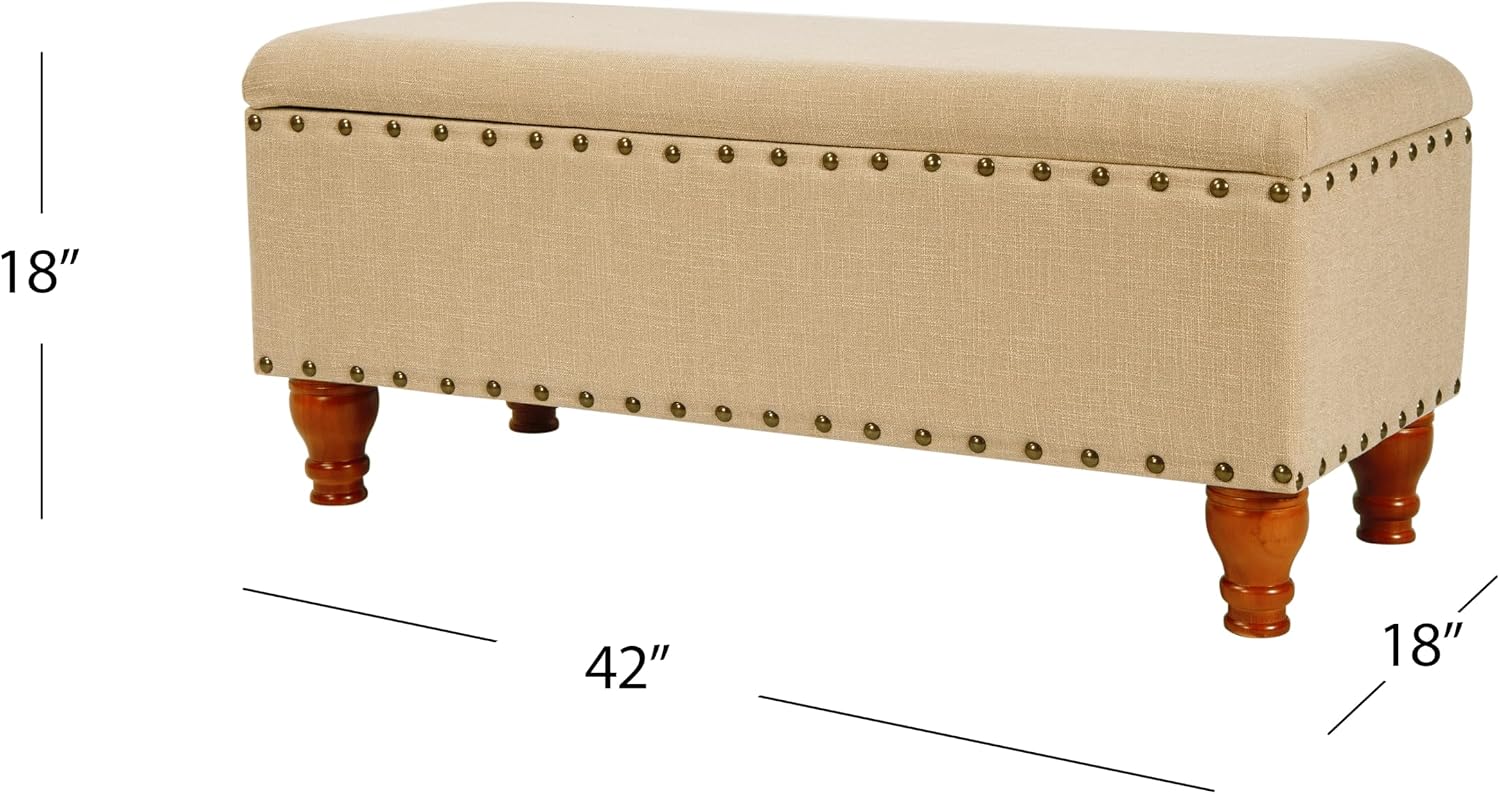 Homepop Home Decor | Upholstered Bench with Nailhead Trim | Large Ottoman with Storage for Living Room & Bedroom | Decorative Home Furniture, Tan Linen