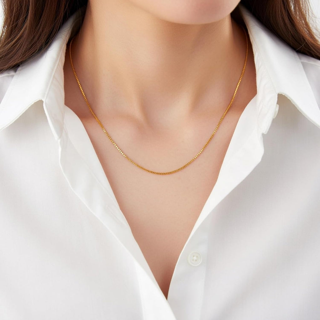 Jewelry Affairs 18k Yellow Solid Gold Mirror Box Chain Necklace, 0.8mm