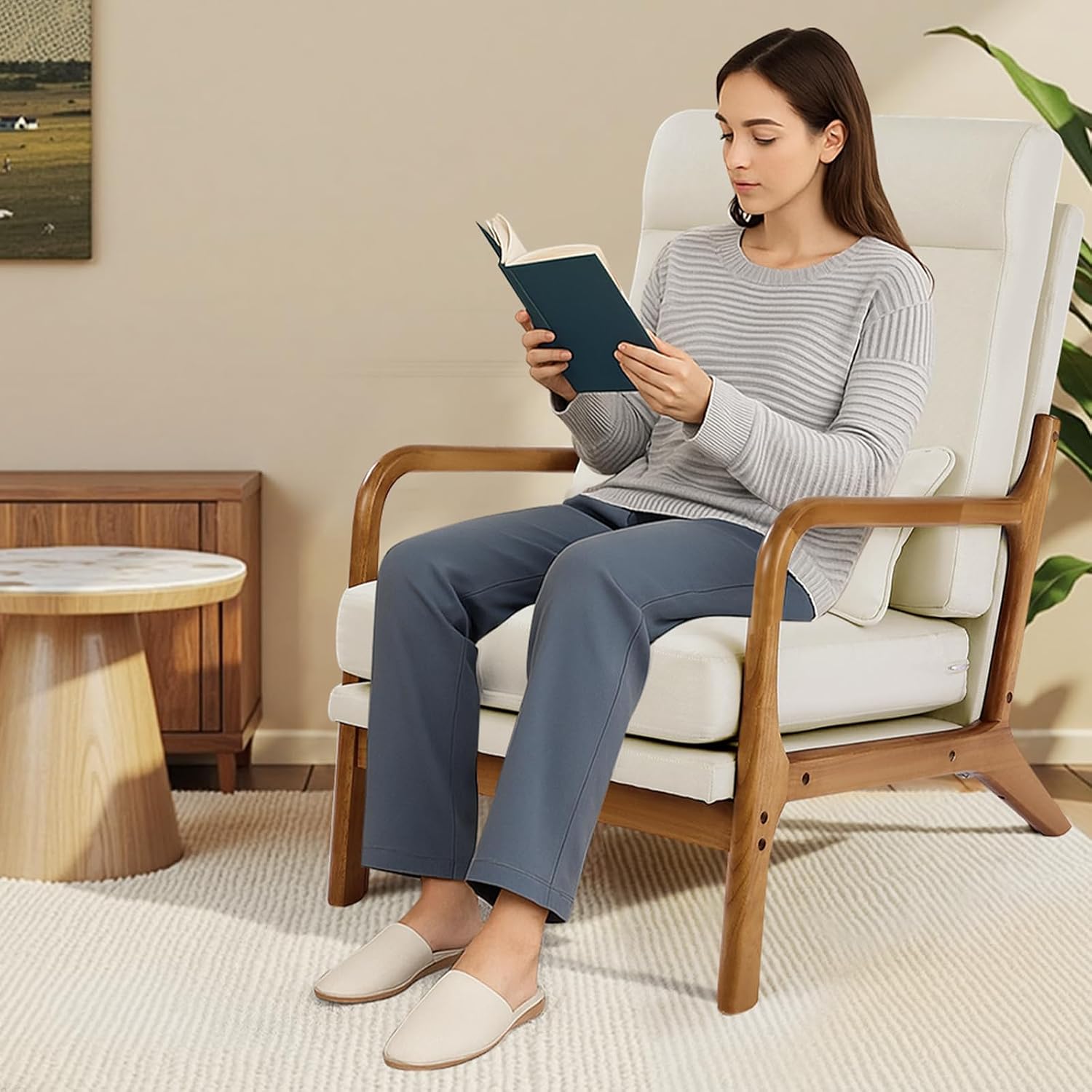 VEVOR Accent Chair, High Back Mid Century Modern Armchair with Solid Wood Frame and Non-Slip Legs, Upholstered Leisure Chair with Linen Fabric and 5.3 in Thickened Cushion, for Living Room, Bedroom