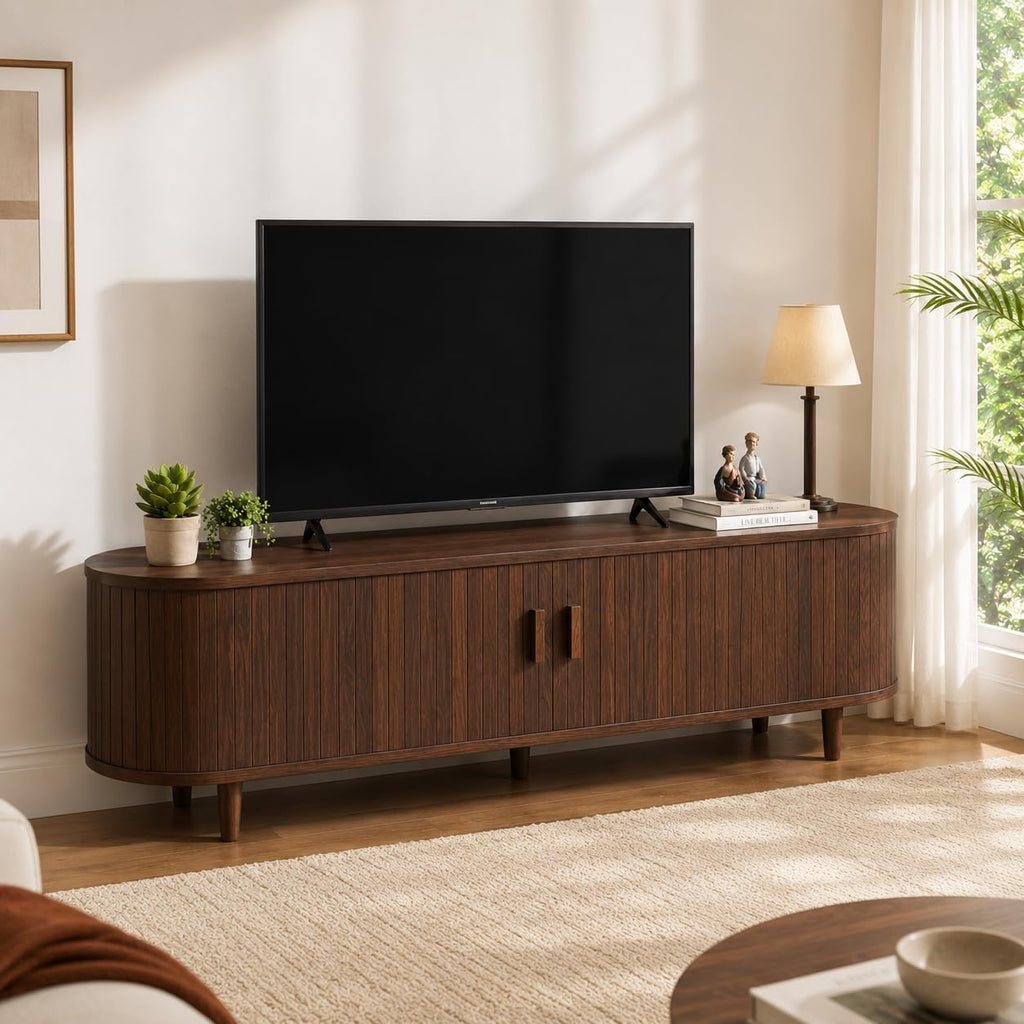 MXV 58' Mid-Century Modern TV Stand with Sliding Doors, TV Consoles with Power Outlet, Fluted Entertainment Center with Adjustable Shelves for Living Room
