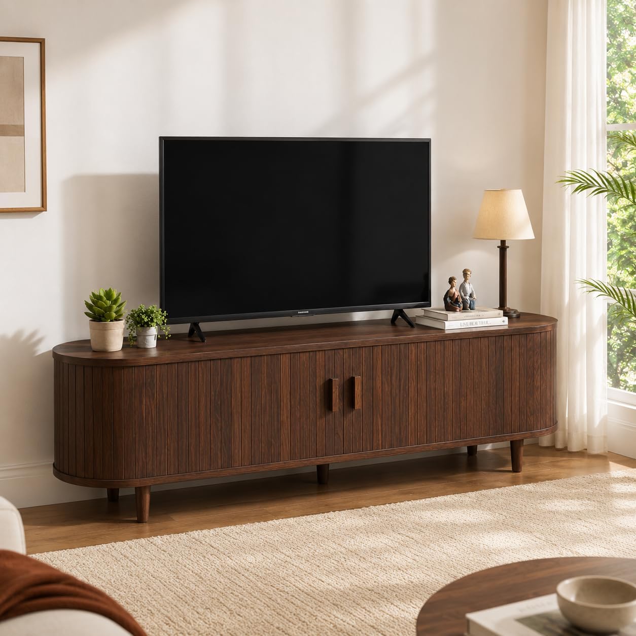 MXV 58' Mid-Century Modern TV Stand with Sliding Doors, TV Consoles with Power Outlet, Fluted Entertainment Center with Adjustable Shelves for Living Room