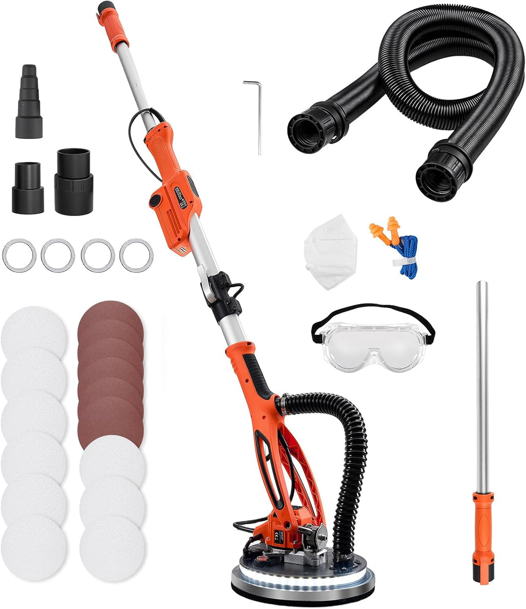 VEVOR Drywall Sander, 950W Electric Drywall Sander, Popcorn Ceiling Removal Tool with 7 Variable Speed 1000-2300 RPM, Double-Deck LED Light, Foldable & Extendable Handle, 15 Sanding Discs, Dust Hose