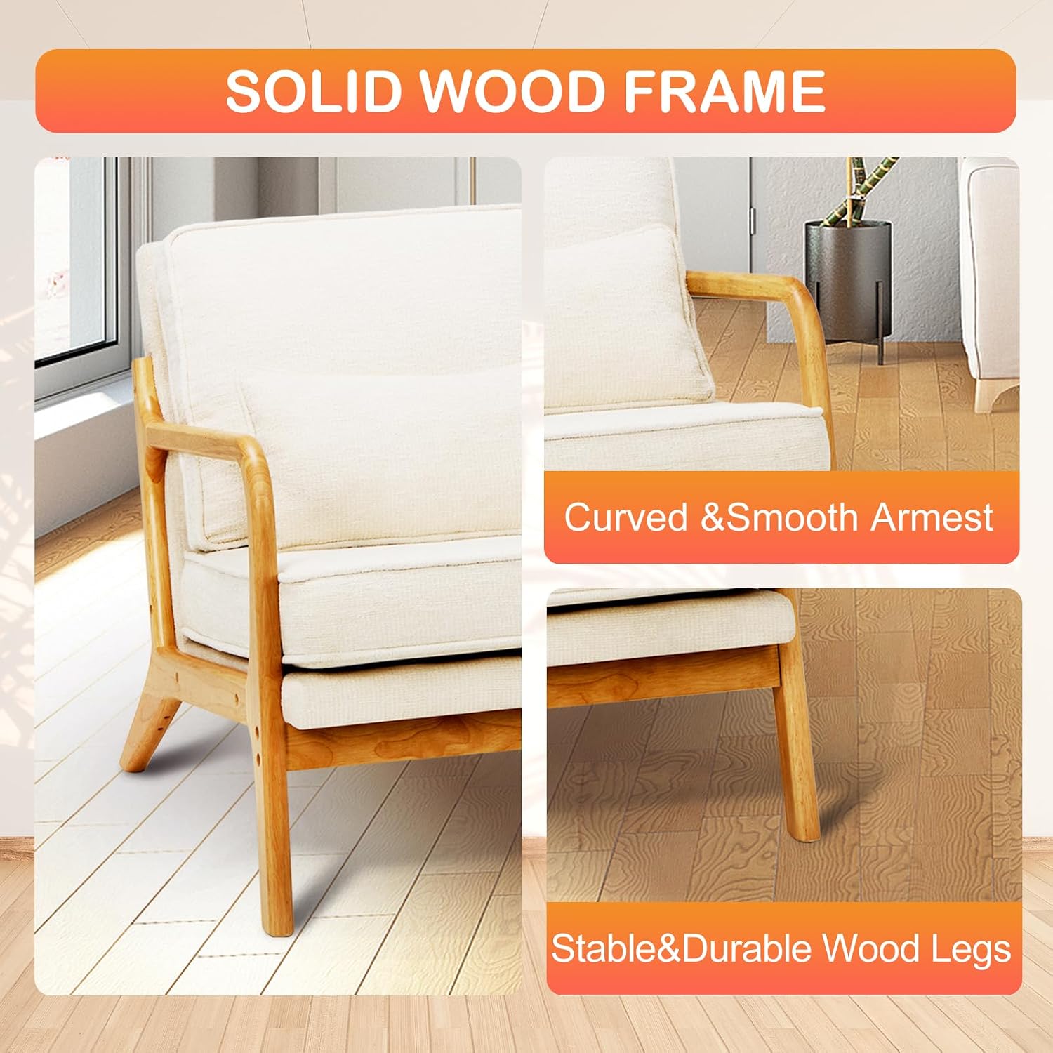 MALOL Modern Accent Chair Set of 2 with Lumbar Pillow, Relaxing Mid Century Chair Armchair with Solid Wood Frame & Soft Cushion, Reading Leisure Armchair for Living Room, Beige