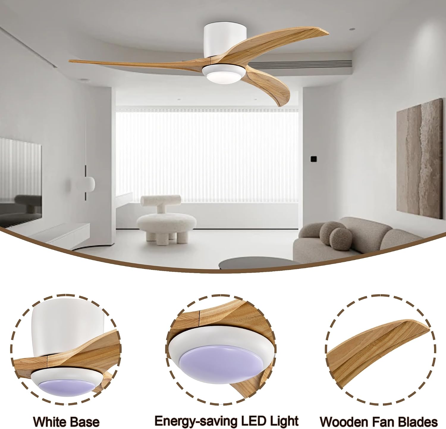 52'' Modern Dimmable Fandelier with Light and Remote, Low Profile Flush Mount Ceiling Fan Wooden Chandelier Fan Reversible DC Motor Ceiling Fans for Bedroom Living Room (White)