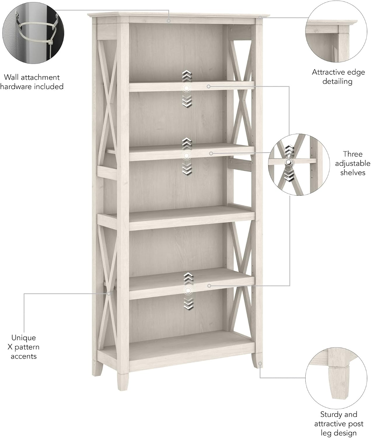 Bush Home Tall 5 Shelf Bookcase for Living Room or Home Office, Large Bookshelf, Modern Farmhouse Style, Key West Collection, Linen White Oak