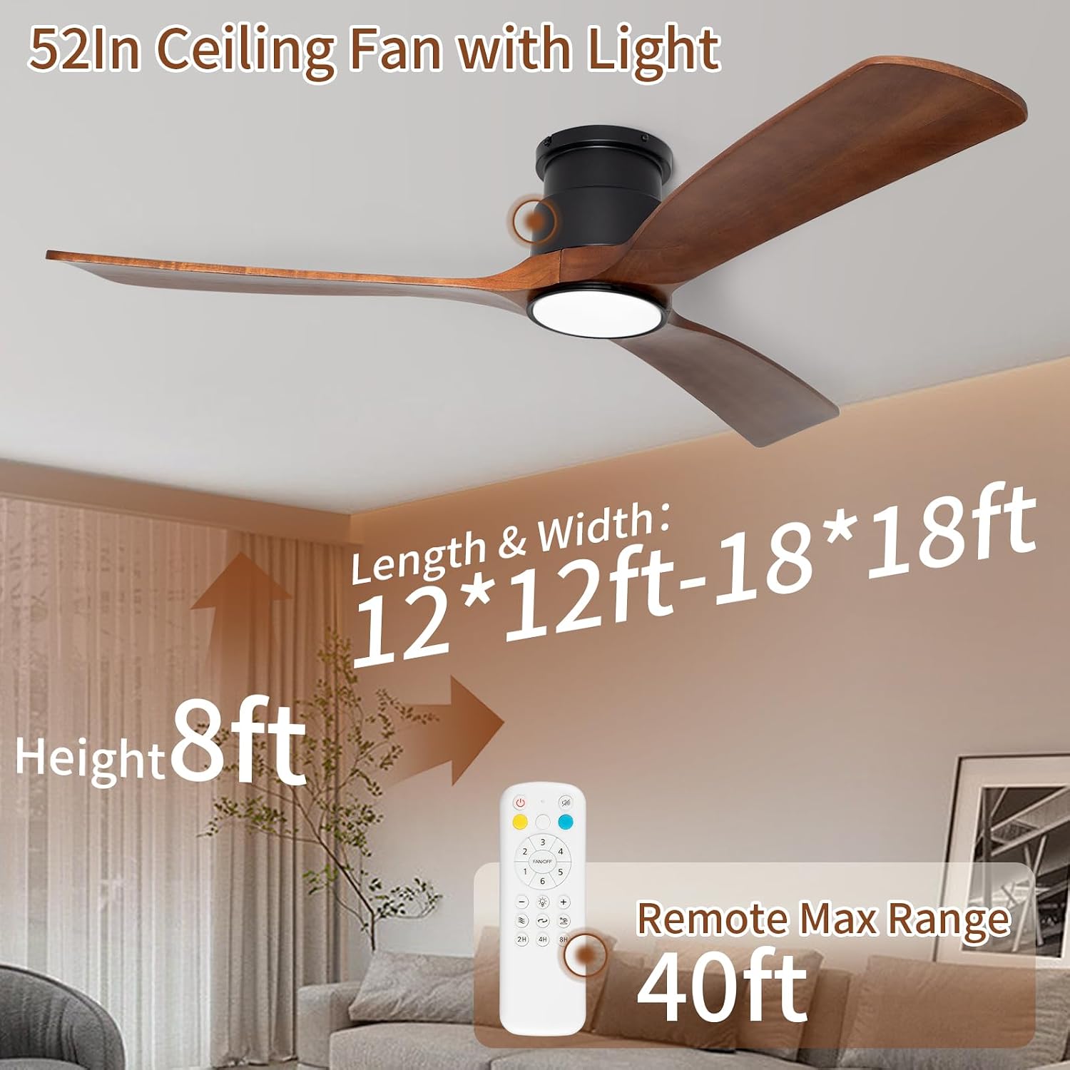 52inches Ceiling Fan with Lights,Wooden Flush Mount Ceiling Fans with Remote Control,Dimmable Light,3 CCT,6 Speeds,Noiseless DC Motor,Ceiling Fan for Bedroom,Living Room,Office,Indoor,Dark Brown