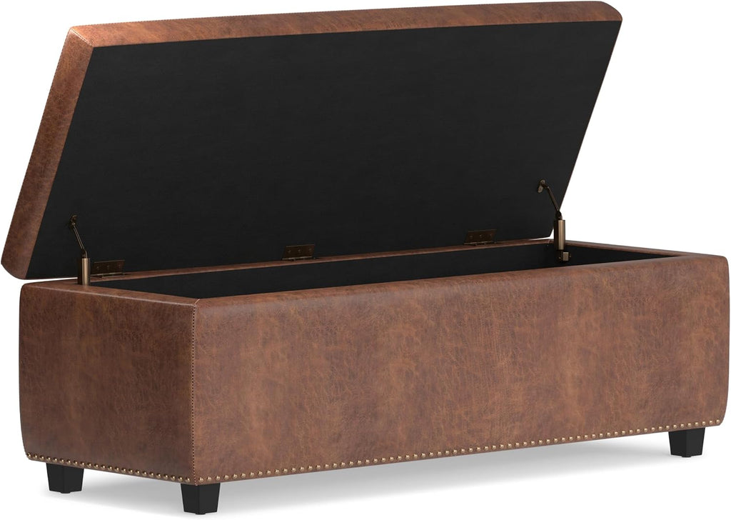 SIMPLIHOME Hamilton Storage Ottoman - 48 inch Wide Upholstered Vegan Leather Rectangle Storage Ottoman Bench in Distressed Umber Brown, Traditional Tufted Ottoman for Living Room with Lift-Up Lid