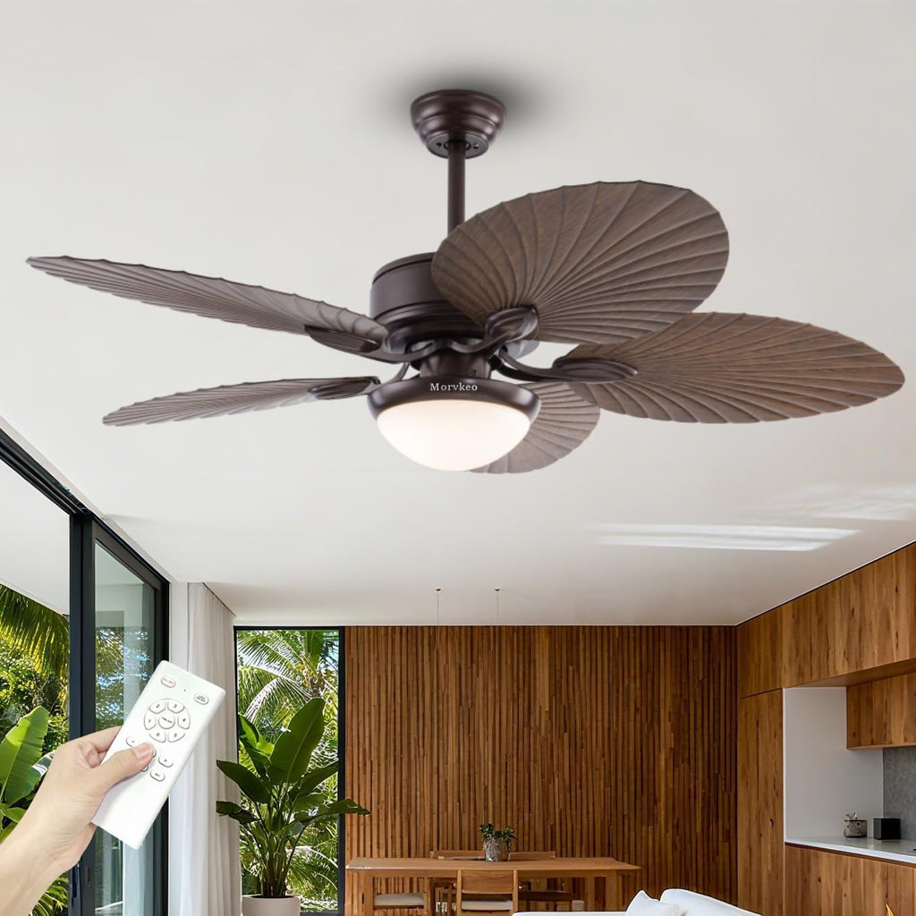 52 Inch Tropical Palm Leaf Ceiling Fan with Light and Remote, Indoor/Outdoor Ceiling Fan with Reversible Quiet DC Motor, Dimmable LED Light, 6 Speeds, for Patio, Porch, Living Room, Bedroom