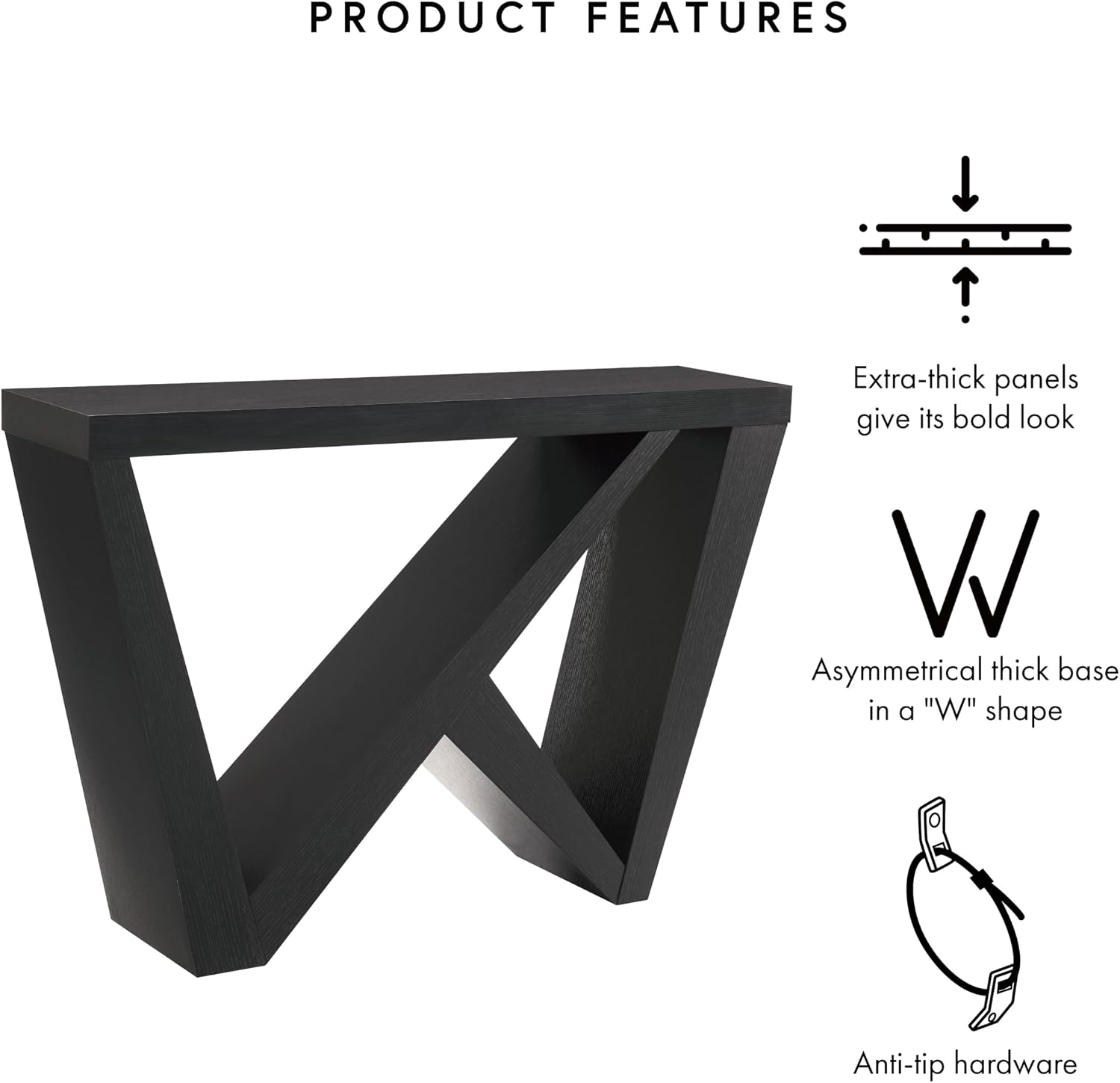 Homes: Inside + Out Naomi Modern Decorative Accent Console Table with W-Shaped Legs, Wood Entryway Furniture for Living Room, Hallway, Entrance, Small Spaces, Black