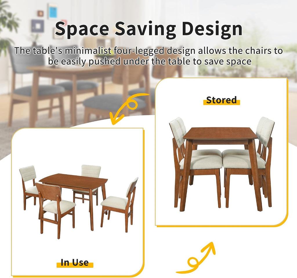 Merax 5 Piece Solid Wood Dining Table Set, Farmhouse Mid-Century Modern Table & 4 Upholstered Chairs for Home, Kitchen, Apartment, Space Saving, Brown+Biege