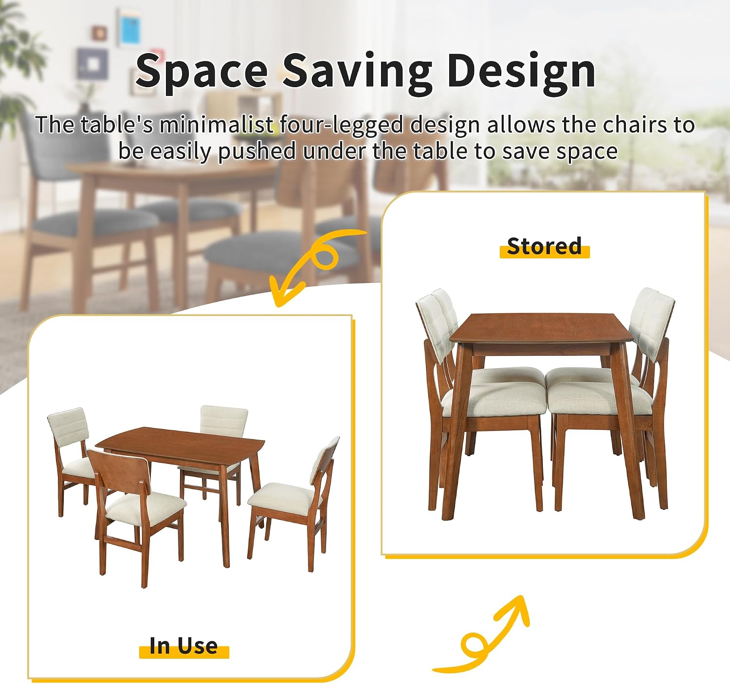 Merax 5 Piece Solid Wood Dining Table Set, Farmhouse Mid-Century Modern Table & 4 Upholstered Chairs for Home, Kitchen, Apartment, Space Saving, Brown+Biege