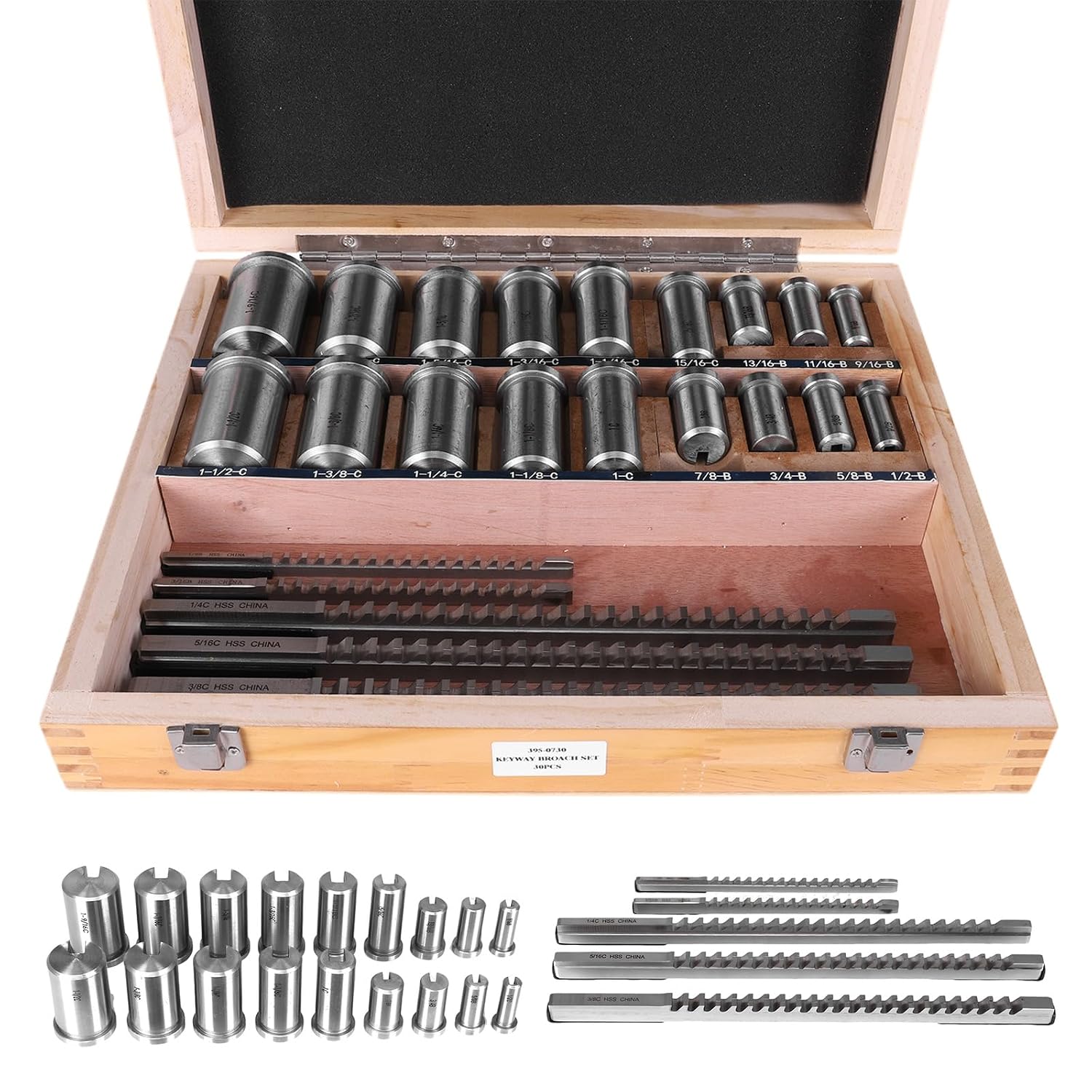 30-Piece Keyway Broach Kit, Metalworking Tool Set with 5 Broaches, 18 Bushings & 7 Shims for Metalworking & Manufacturing