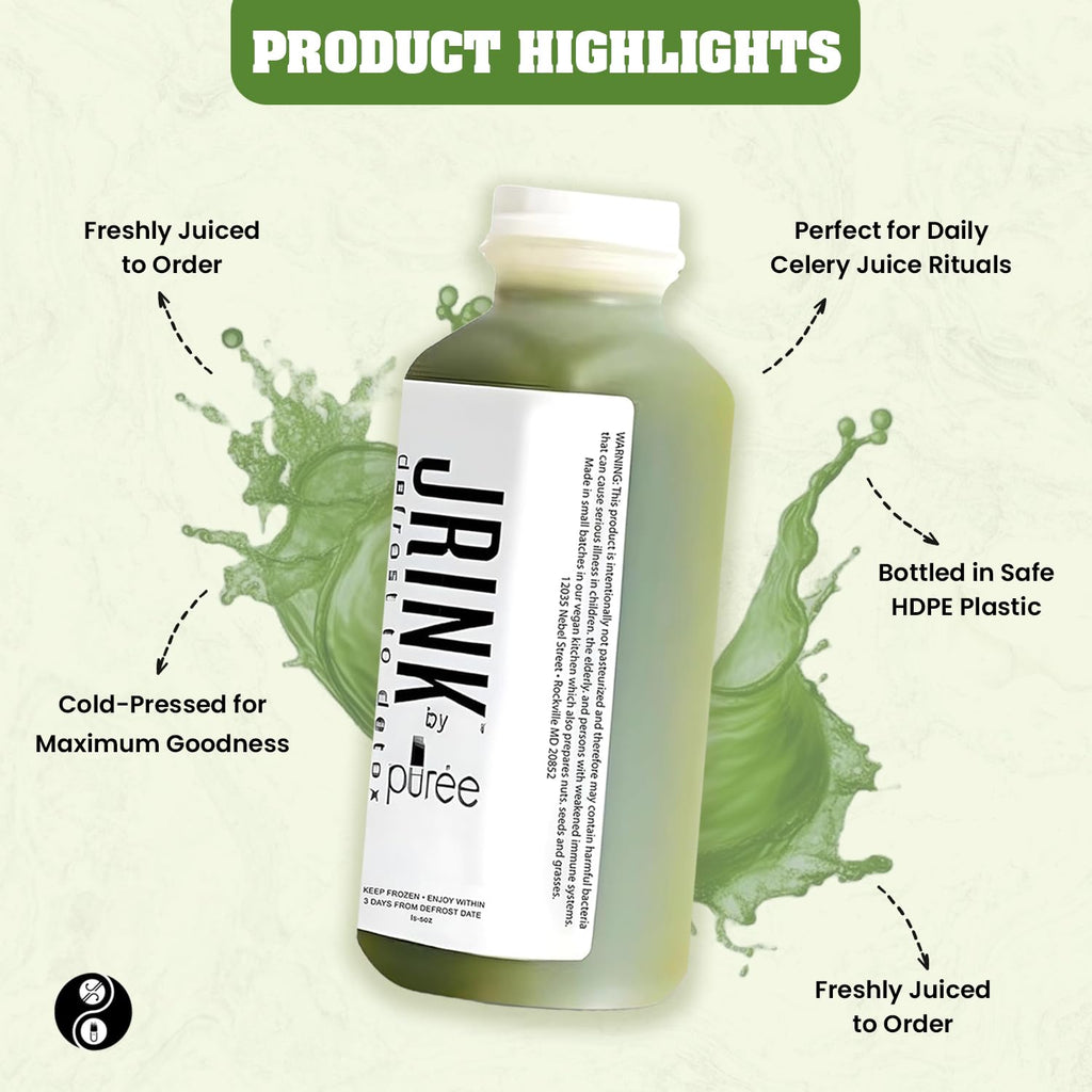 JRINK by Purée Organic Celery Juice, Cold Pressed Detox Cleanse Drink, Organic Vegetable and Fruit Healthy Cleanse, Raw Pressed Juice, Fresh, Pure, No Preservatives, 24 Bottles, 16oz Each
