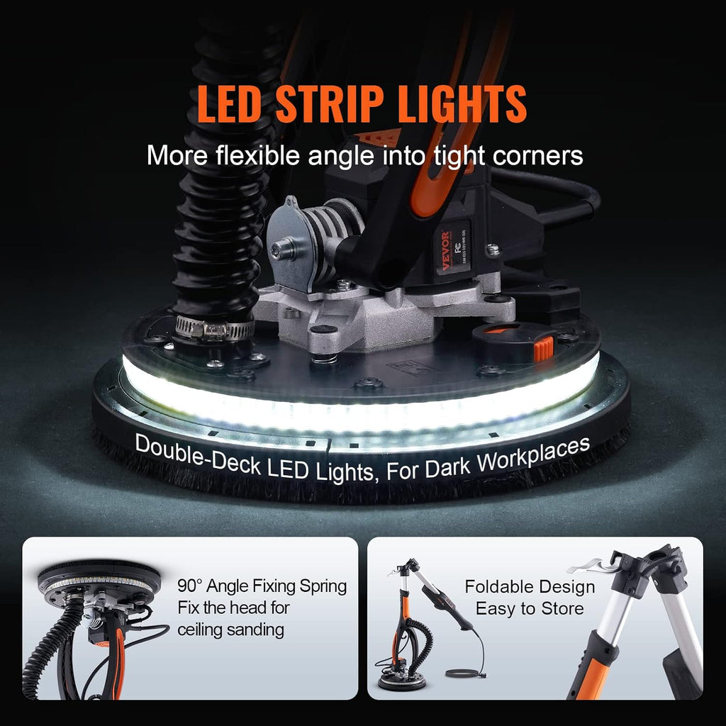 VEVOR Drywall Sander, 800W Brushless Motor Electric Sander, Variable Speed 1000-2300 RPM, Foldable Ceiling Sander with Double-Deck LED Lights, Extendable Handle, 12 Sanding Discs