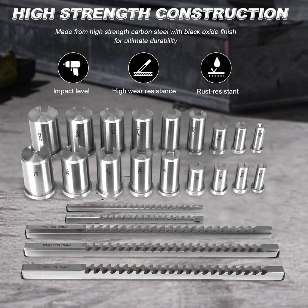 Keyway Broach Kit Broaching Cutter Shim Set with 5 Broaches 18 Bushings and 7 Shims 30pcs for Metalworking and Manufacturing