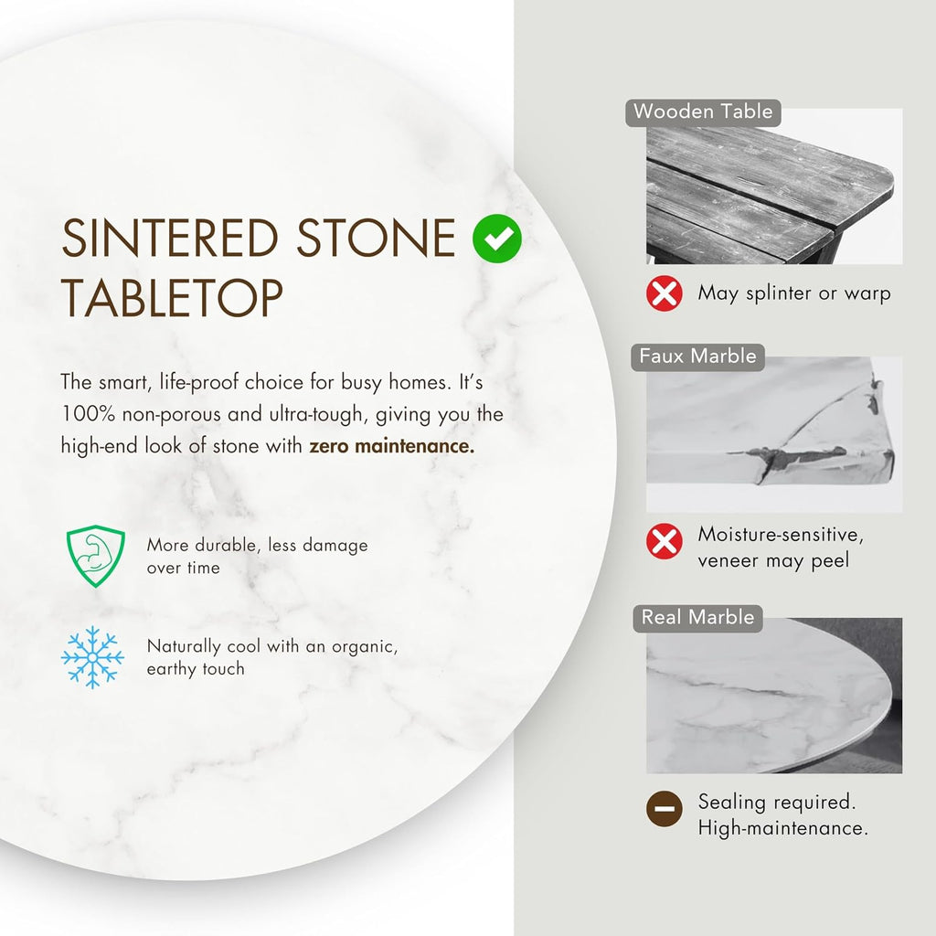 Furniture of America Sonya Modern Round Dining Table with Drum Base and Faux Marble Stone Top, Easy Assembly for Home, Kitchen and Living Room, Natural