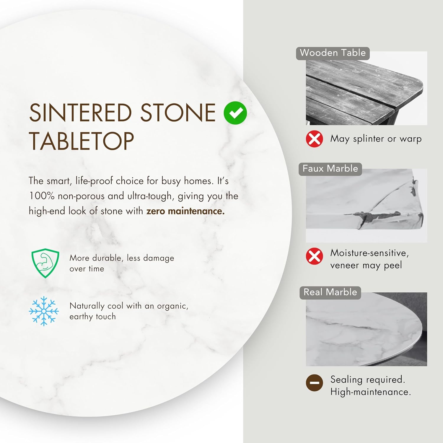 Furniture of America Sonya Modern Round Dining Table with Drum Base and Faux Marble Stone Top, Easy Assembly for Home, Kitchen and Living Room, Natural
