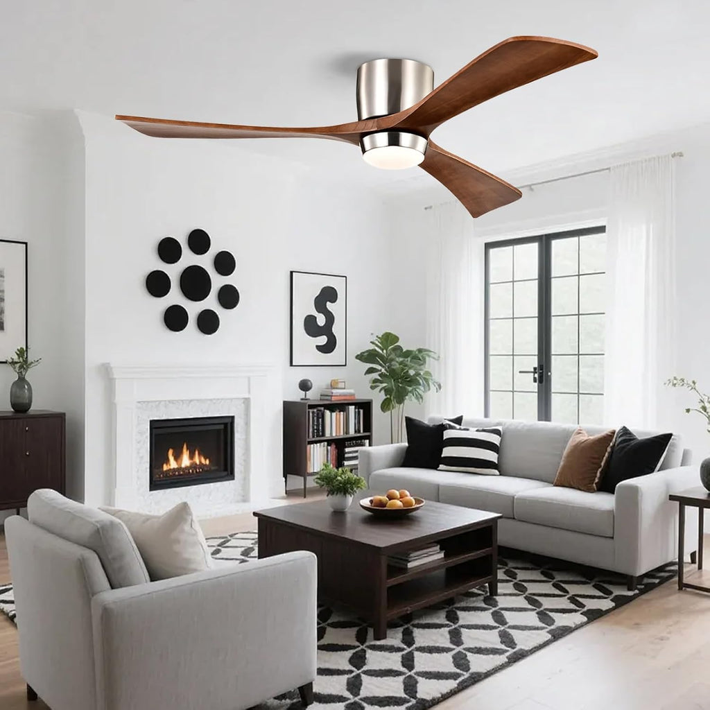 52' Wooden Flush Mount Ceiling Fans with Remote Control, Dimmable Low Profile Chandelier Fan with LED Light Modern Fandelier for Living Room Nickel Walnut