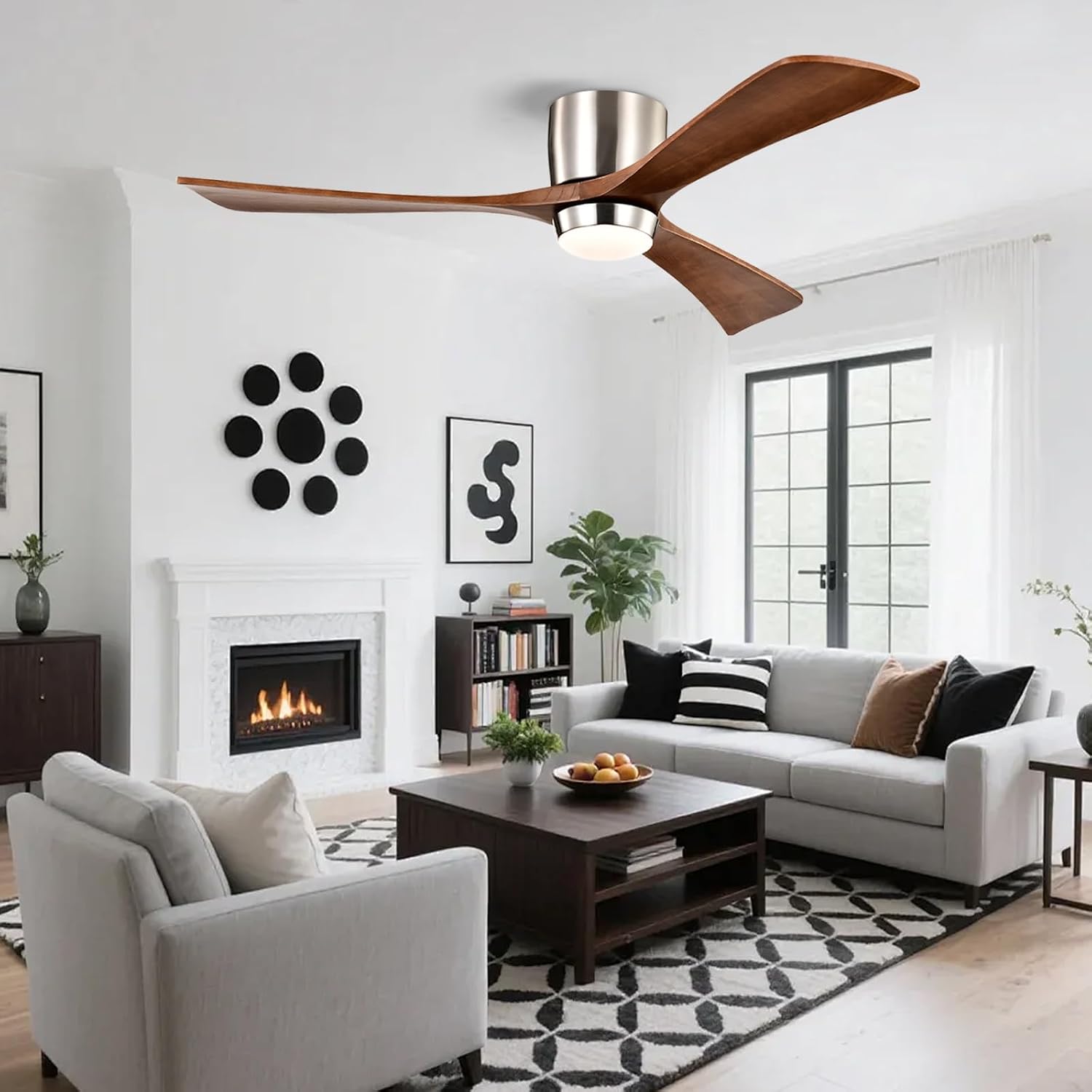 52' Wooden Flush Mount Ceiling Fans with Remote Control, Dimmable Low Profile Chandelier Fan with LED Light Modern Fandelier for Living Room Nickel Walnut