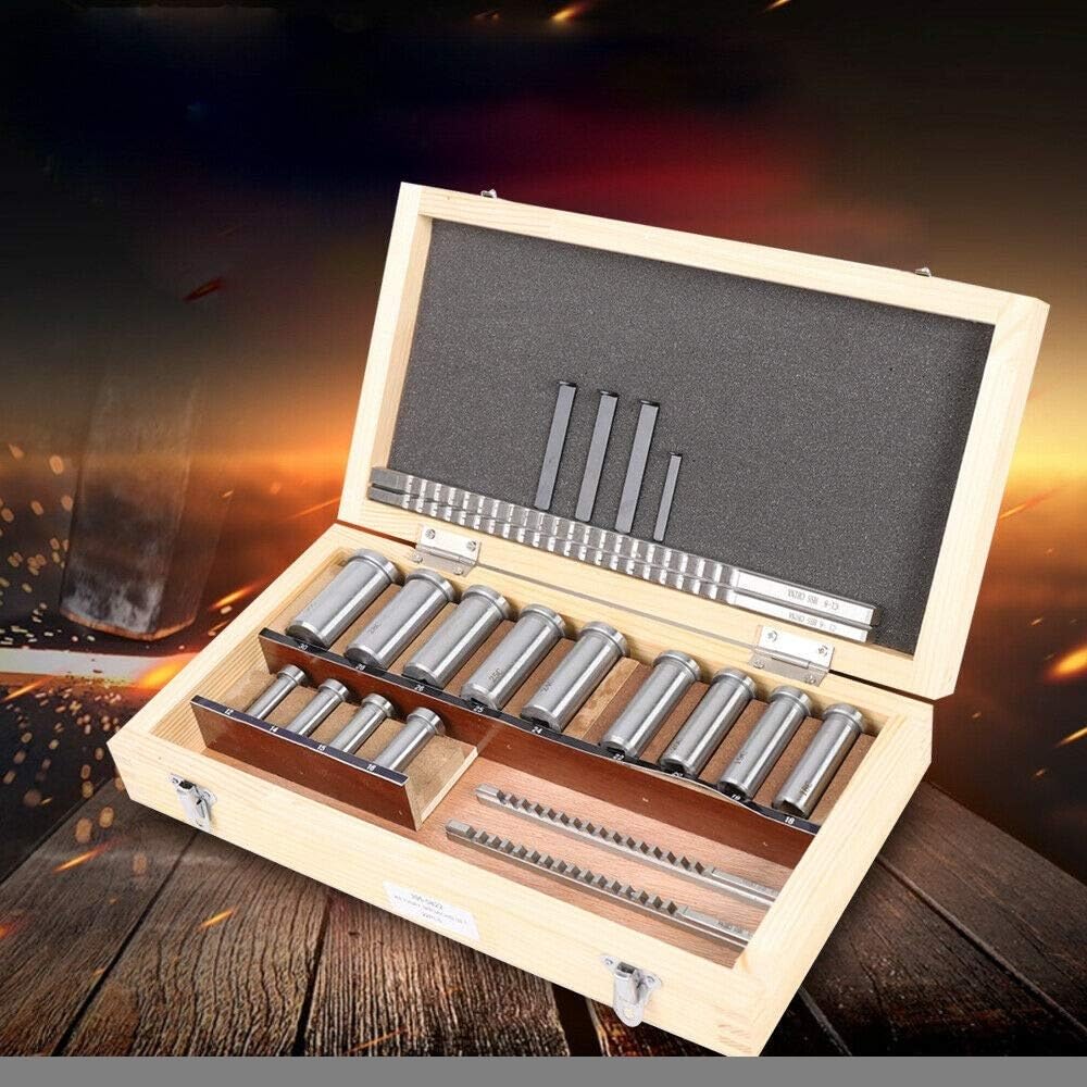 Machinery Keyway Tools 22 Pcs Keyway Broach Set in Fitted Box, Industrial Tools Metric Size Broaching Cutter Collared Bushing Shim Set W/ 4 Pcs Broach & 13 Collared Bushing & 5 Gaskets