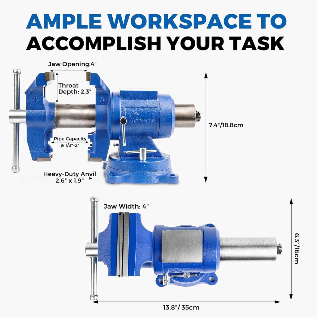 Forward HY-DT100-4IN Heavy Duty Bench Vise 360-Degree Swivel Base and Head with Anvil (4')