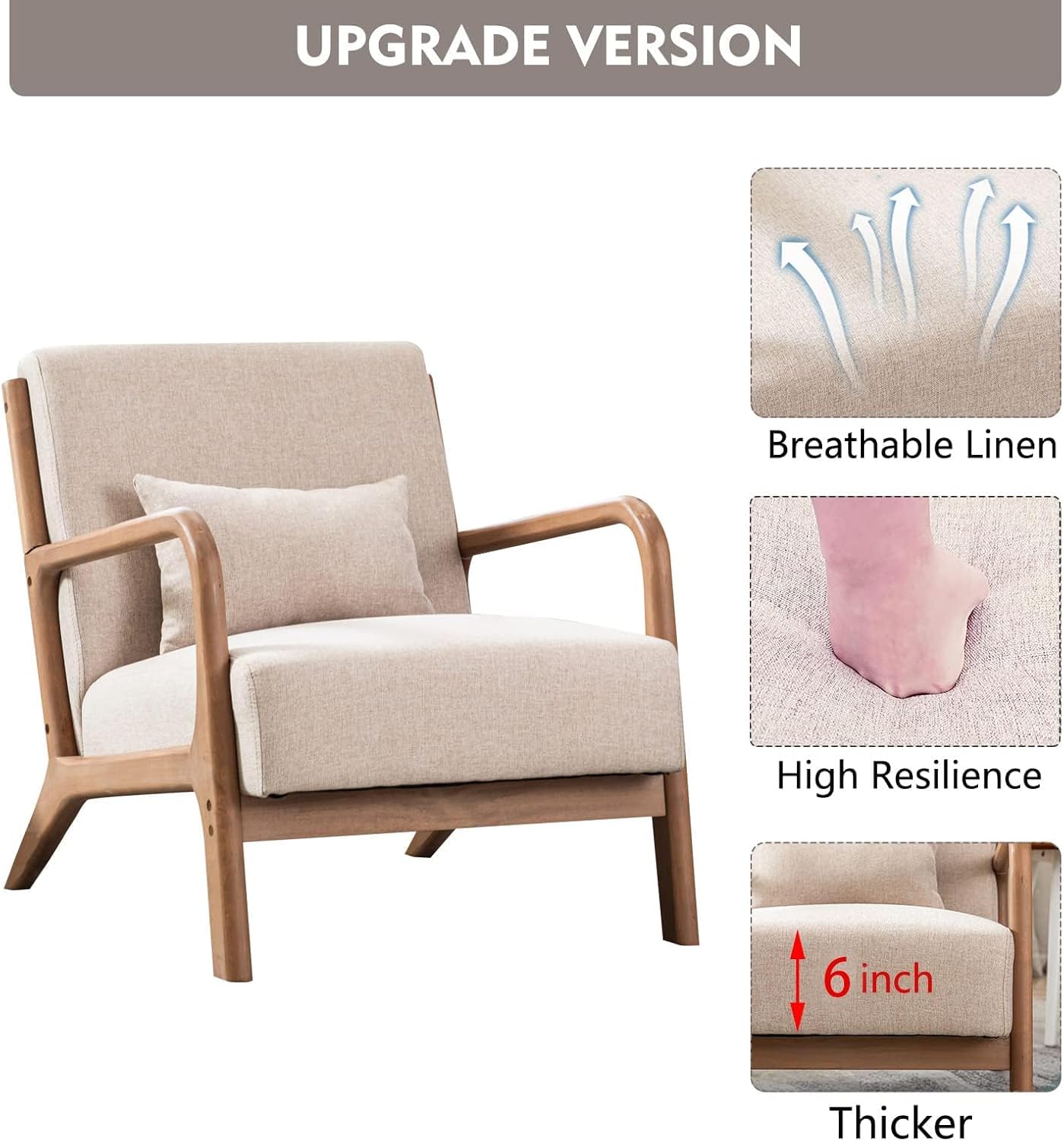 ANJ Mid Century Modern Accent Chairs Set of 2, Single Fabric Lounge Reading Armchair with Solid Wood Frame, Easy Assembly Arm Chairs for Living Room Beige 2