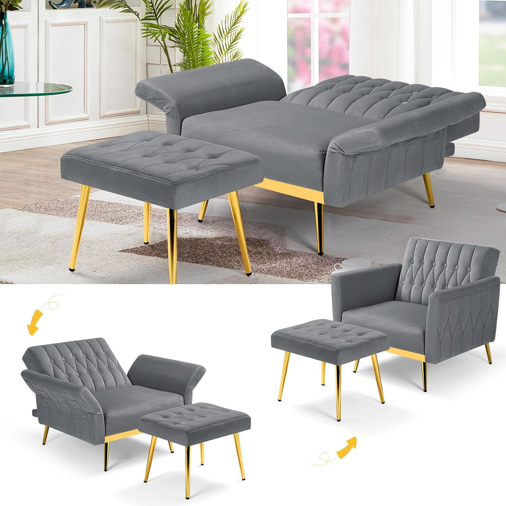 Velvet Accent Chair with Adjustable Armrests and Backrest, Button Tufted Lounge Chair, Single Recliner Armchair with Ottoman and Pillow for Living Room, Bedroom, Grey