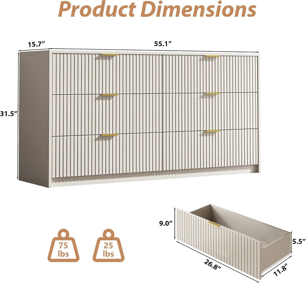 MAISONARIA 6 Drawer Dresser for Bedroom, 55' Wide Modern Chest of Drawers with Gold Metal Handles, Fluted Wood TV Stand for Living Room, Hallway(Beige)