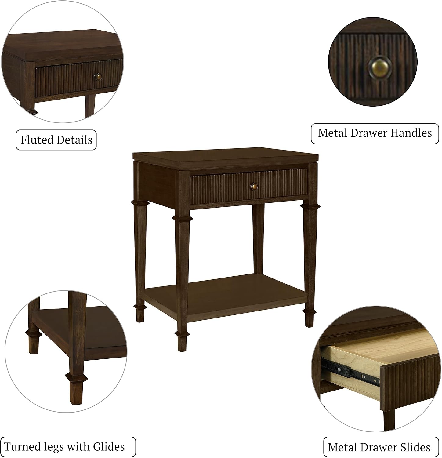 Martha Stewart Kenna Drawer Nightstand for Bedroom Nightstand with Drawer Lily Pond Collection Bedside Table Cottage Design Fluted Drawer, Metal Hardware, Coastal Bedroom Furniture, 26' H Dark Coffee
