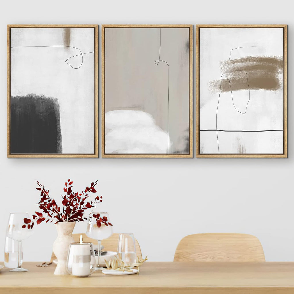 SIGNFORD Framed Canvas Print Wall Art Set Grunge Dark Watercolor Paint Stroke Abstract Shapes Illustrations Modern Art Bohemian Nordic Relax/Calm for Living Room, Bedroom, Office - 16'x24'x3 Natural