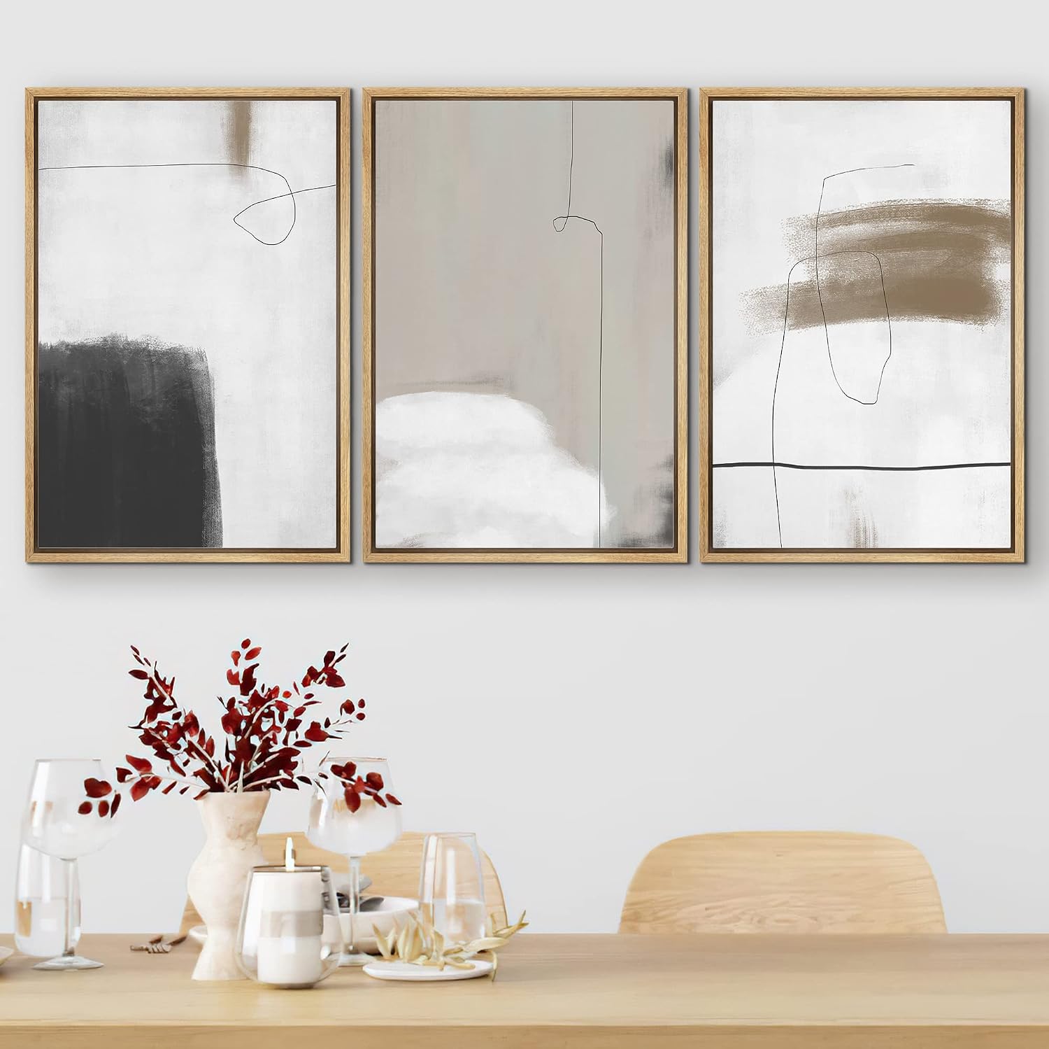 SIGNFORD Framed Canvas Print Wall Art Set Grunge Dark Watercolor Paint Stroke Abstract Shapes Illustrations Modern Art Bohemian Nordic Relax/Calm for Living Room, Bedroom, Office - 16'x24'x3 Natural