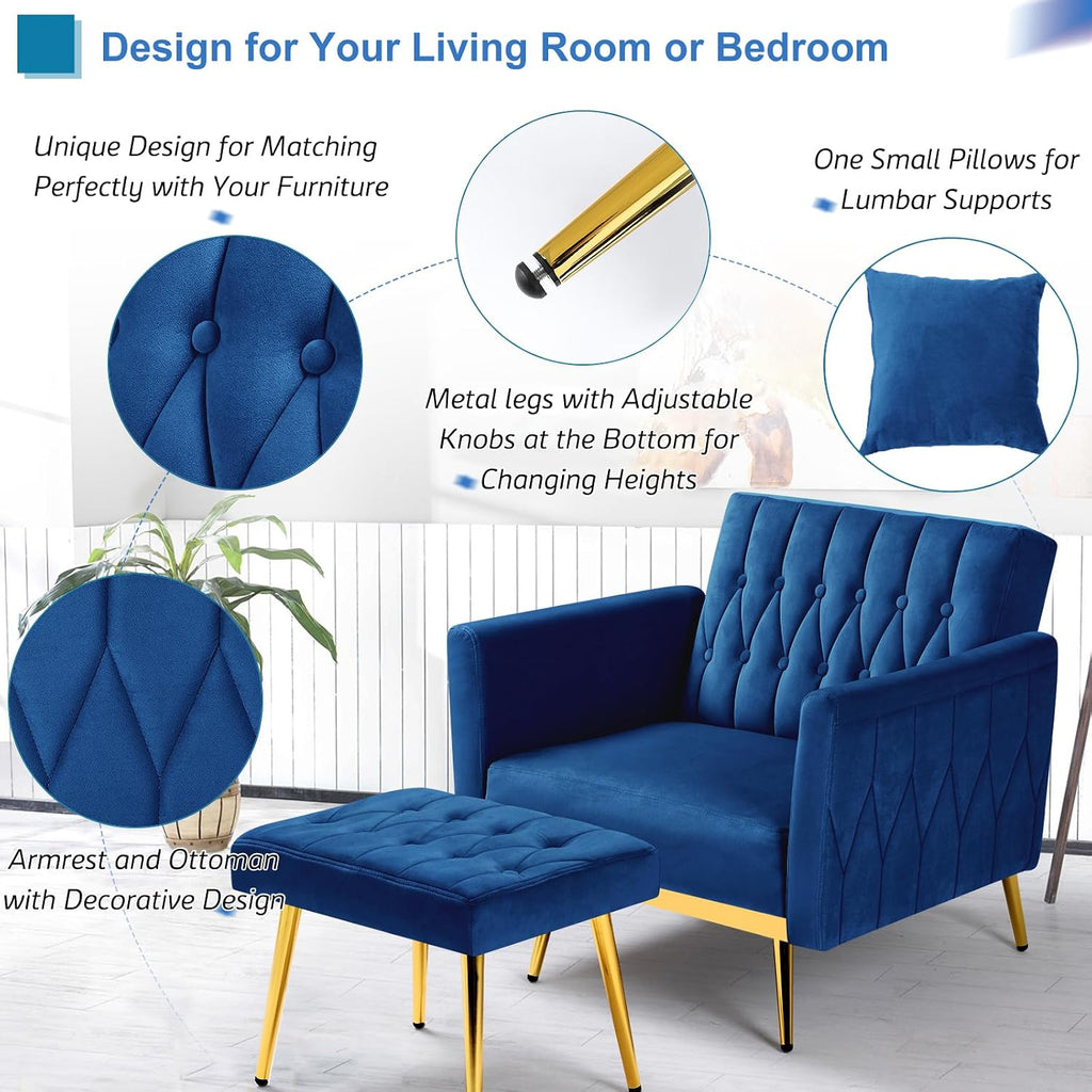 Velvet Accent Chair with Adjustable Armrests and Backrest, Button Tufted Lounge Chair, Single Recliner Armchair with Ottoman and Pillow for Living Room, Bedroom, Blue