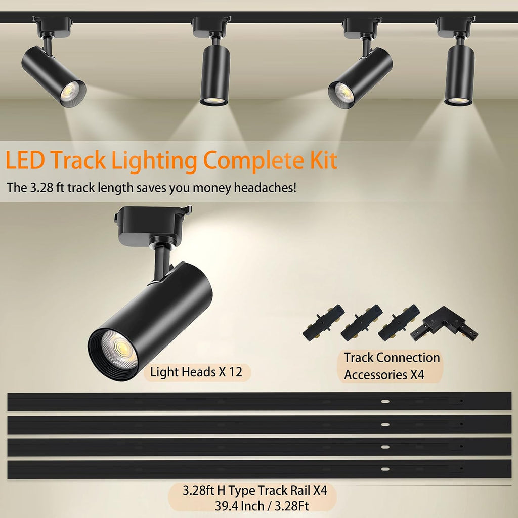 Ultra-Bright Black H Type Track Lighting Kit 3000K Warm White, 12 Heads 20W 2400lm with 13.1FT Track Rails, Dimmable Plug in LED Track Lights Modern Indoor Spotlight Fixture