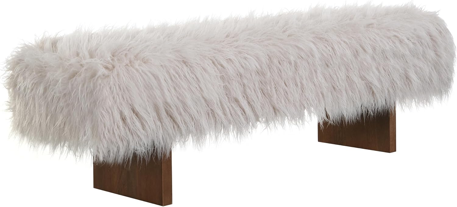 Christopher Knight Home Lenka 67' Long-haired Faux Wool Bedroom Bench, Rubberwood Ottoman Bench, Spacious Seating, Long Footstool for Living Room, Luxury Entryway Bench, Brown+Beige